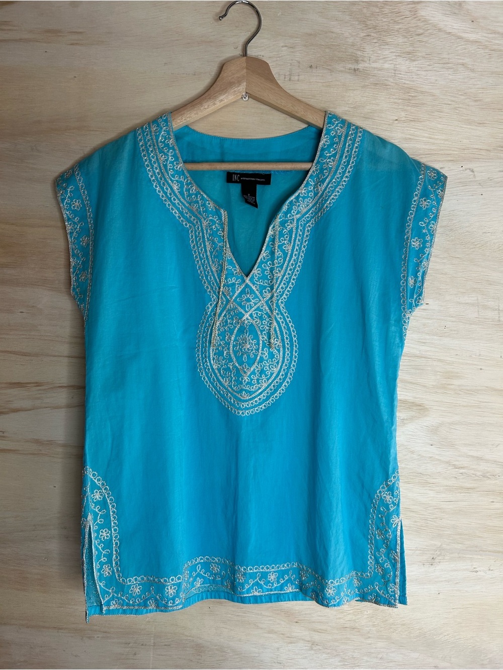 INC International Concepts Turquoise Embroidered Cotton Top Size 2 NWOT